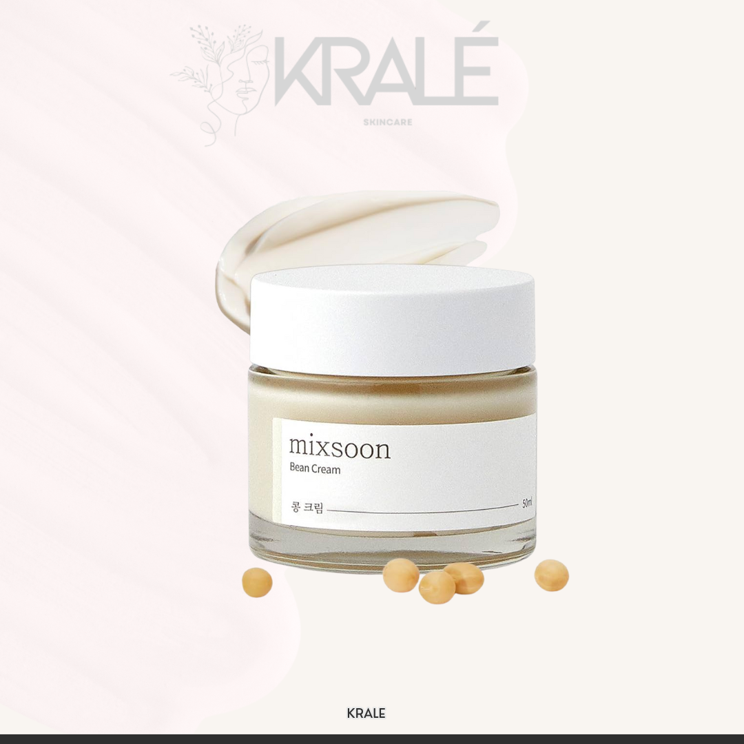 Tarro de crema hidratante mixsoon Bean Cream con tapa abierta y frijoles amarillos sobre fondo claro con logo KRALÉ