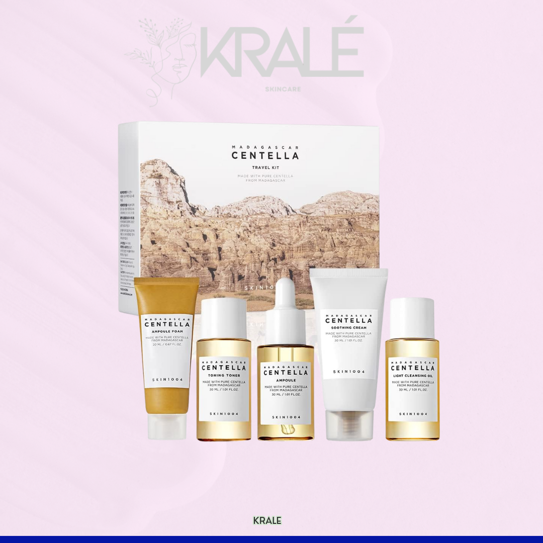 SKIN1004 Madagascar Centella - Kit de viaje, tóner, ampolla, crema calmante, aceite limpiador, espuma de ampolla, caja de kit de prueba básica para el cuidado de la piel