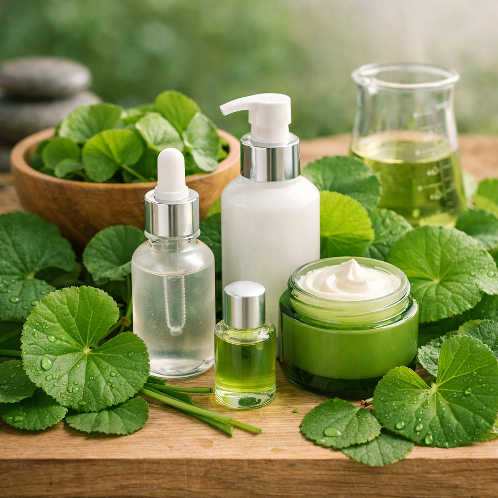 Productos de cuidado de la piel y frascos con centella asiática verde