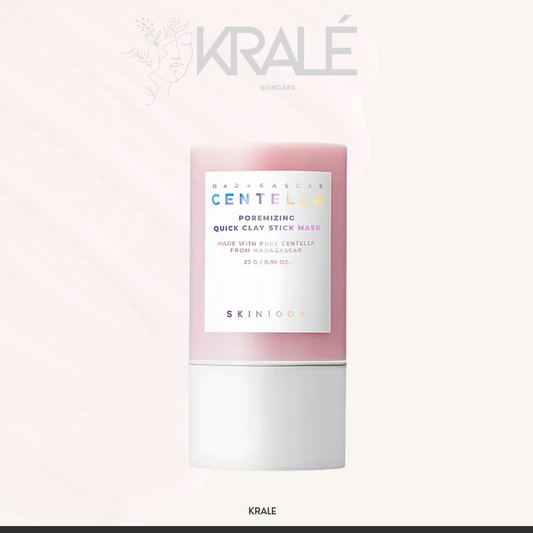 Stick de mascarilla de arcilla SKIN1004 Madagascar Centella Poremizing Quick Clay Stick Mask color rosa con logo KRALÉ sobre fondo claro