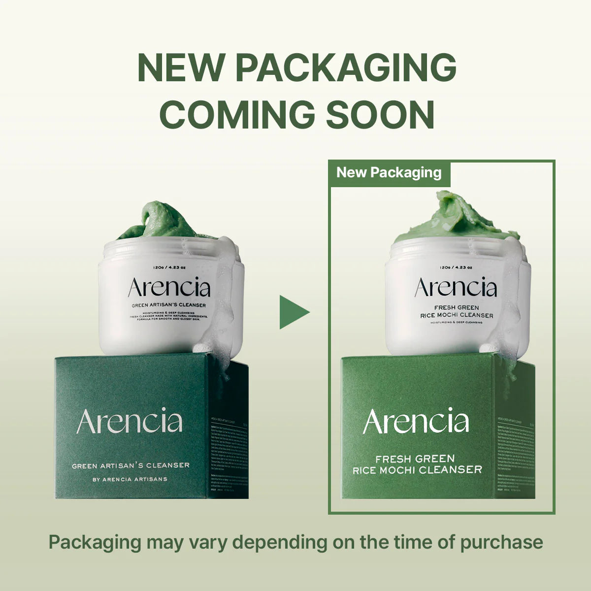 Anuncio de nuevo empaque del limpiador facial Arencia Fresh Green Rice Mochi Cleanser con frasco y caja verdes