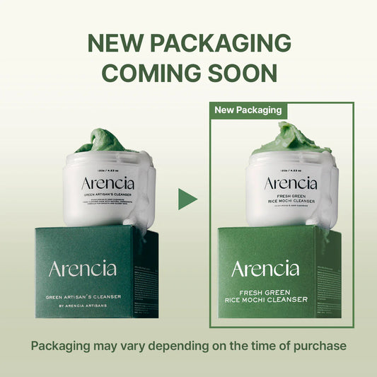 Anuncio de nuevo empaque del limpiador facial Arencia Fresh Green Rice Mochi Cleanser con frasco y caja verdes